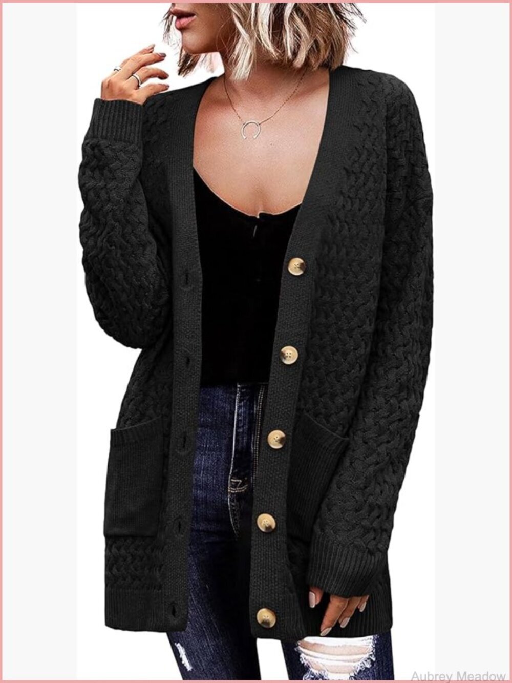 Long Sleeve Chunky Cable Knit Cardigan with Pockets, Open Front Sweater